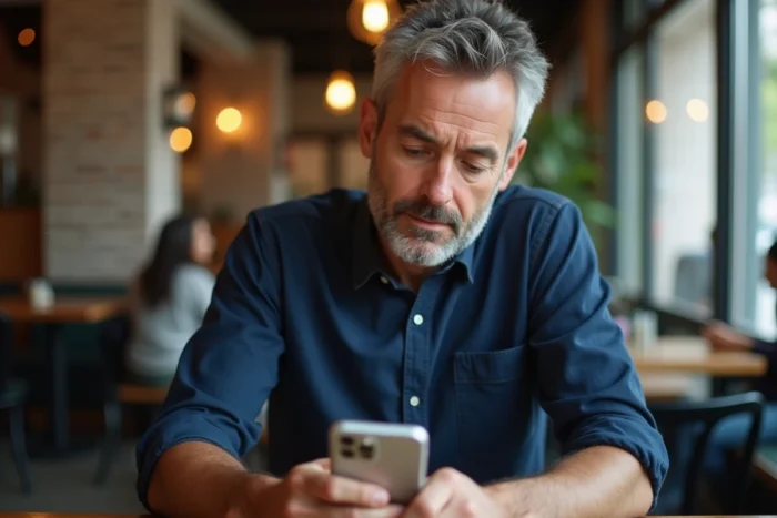 Homme consultant son espace client BNP Paribas sur smartphone dans un café