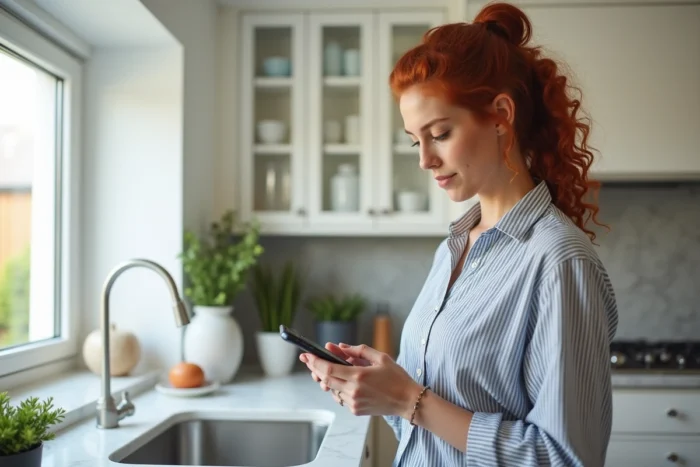 Jeune femme se connectant à son compte d'annonces en ligne via smartphone dans une cuisine moderne