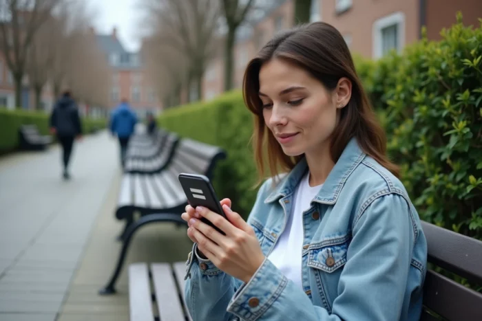 Femme accédant discrètement à un espace membre sécurisé sur son téléphone Android dans un parc urbain