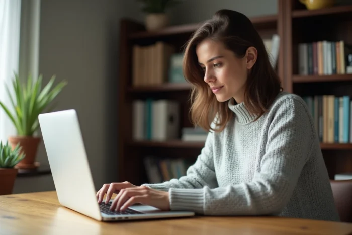 Femme connectée à son espace membre sur un site d'annonces en ligne depuis un bureau à domicile