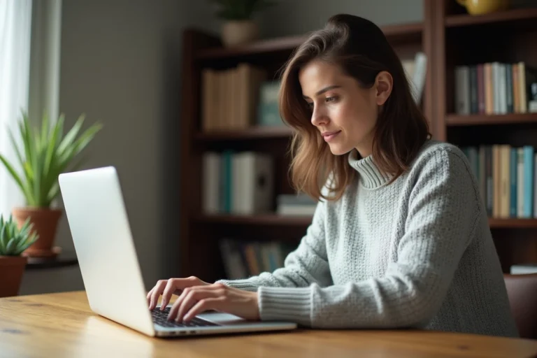 Femme connectée à son espace membre sur un site d'annonces en ligne depuis un bureau à domicile