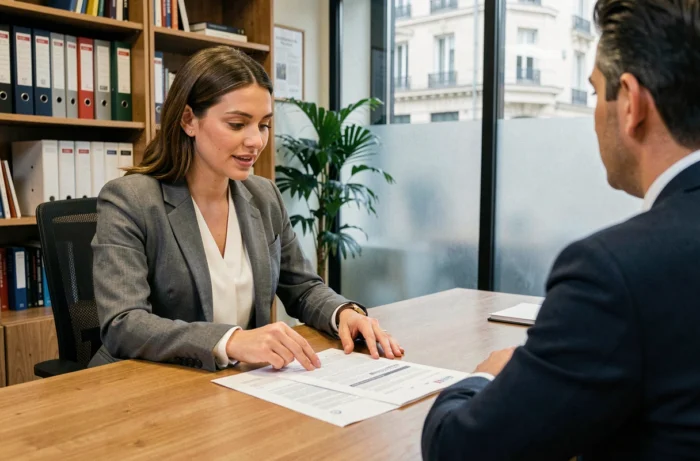 Conseillère en assurance expliquant un contrat d'assurance pour diagnostics immobiliers à une cliente dans un bureau à Rennes