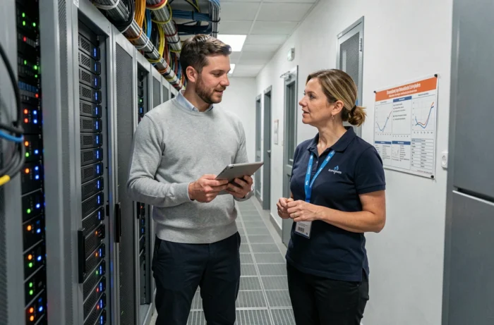 Consultant informatique et administratrice systèmes discutant de l'infrastructure numérique dans la salle serveurs d'une collectivité locale