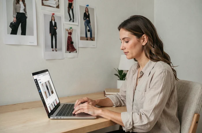 Femme consultant un catalogue de mode clubwear en ligne depuis son bureau à domicile