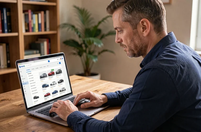 Homme consultant le sitemap d'un site automobile sur son ordinateur portable dans un bureau à domicile