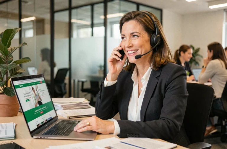 Femme professionnelle portant un casque téléphonique dans un bureau moderne pour contacter l'équipe Redracing Green