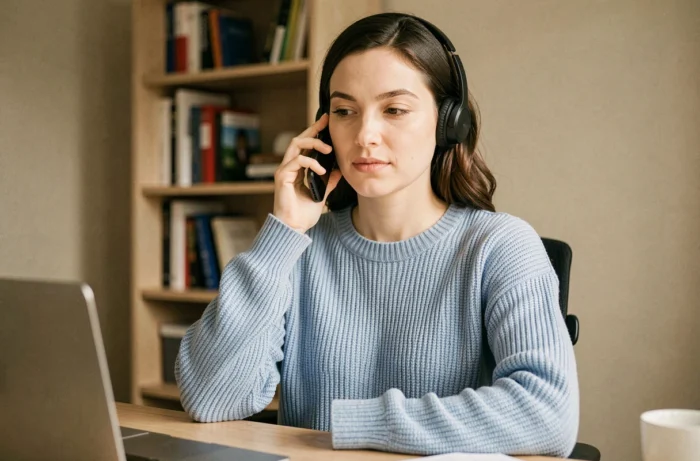 Femme contactant le service client Zalando par téléphone depuis son bureau à domicile en Belgique