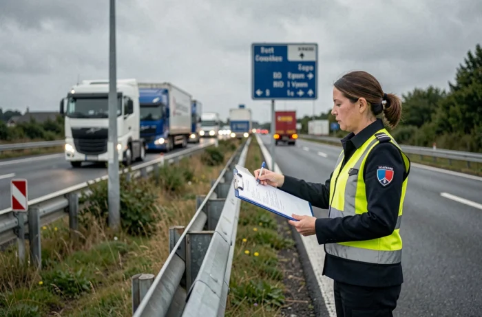 Contrôle routier par une agente de la force publique vérifiant les documents d'un conducteur de poids lourd sur l'autoroute