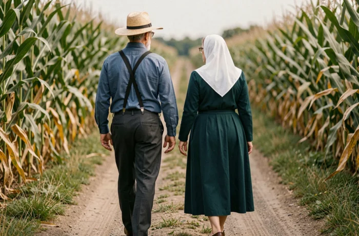 Couple amish marchant sur un chemin de terre bordé de champs de maïs, illustrant la vie de couple et les valeurs traditionnelles au sein de la communauté amish