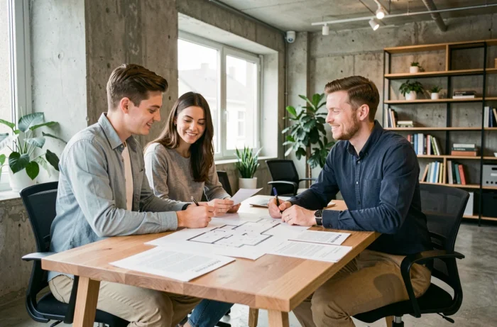 Jeune couple en consultation avec un conseiller immobilier dans une agence moderne pour l'achat d'un bien en 2024