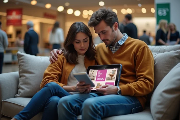 Couple consultant un site de promotions de meubles sur une tablette assis dans un magasin de canapés