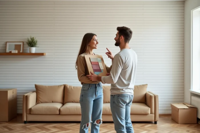 Couple consultant un moodboard de décoration dans un salon fraîchement rénové au style scandinave