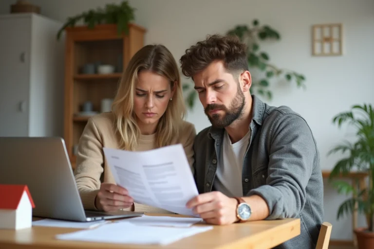 Couple étudiant les frais d'achat immobilier avec documents et ordinateur sur une table en bois