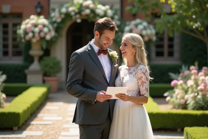 Couple de mariés riant ensemble dans un jardin fleuri en révisant leur liste de planification de mariage