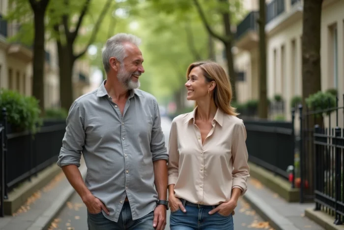 Couple élégant se promenant dans une rue parisienne bordée d'arbres, ambiance familiale et décontractée
