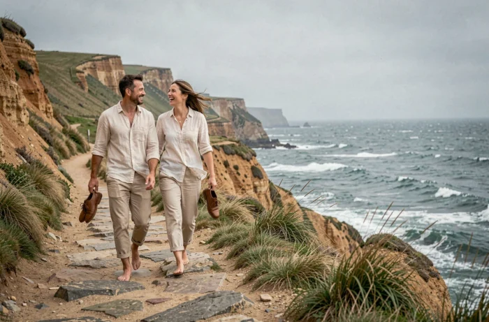 Couple marchant pieds nus sur un sentier côtier sauvage en riant, évoquant la liberté du voyage et l'esprit du wanderlust