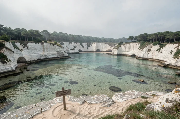 Crique sauvage cachée de l'île de Ré vue en hauteur avec falaises blanches et forêt côtière