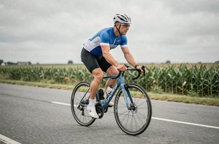 Cycliste sur un vélo de route Triban RC120 sur une route rurale goudronnée bordée de champs verts