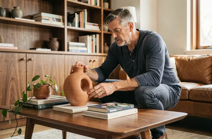 Homme arrangeant des objets décoratifs sur une table basse mid-century dans un bureau salon aux tons chaleureux et au mobilier vintage