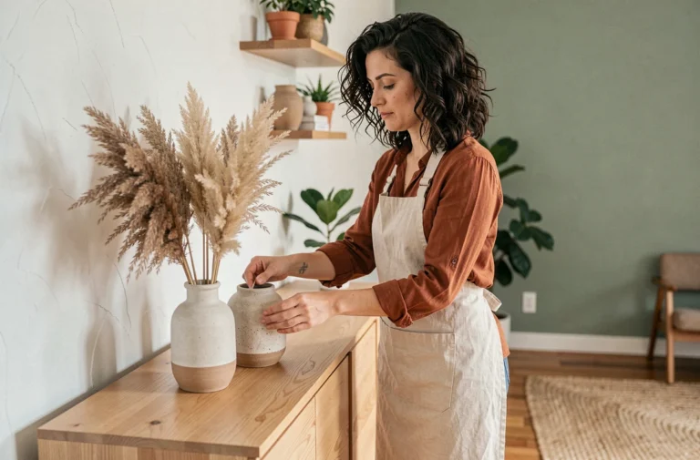 Femme arrangeant des éléments décoratifs scandinaves sur un meuble en bois dans un salon minimaliste et élégant