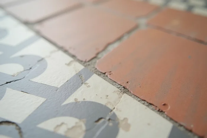Détail de sol mêlant tomettes en terre cuite anciennes et carreaux ciment géométriques dans un couloir rénové de style provençal