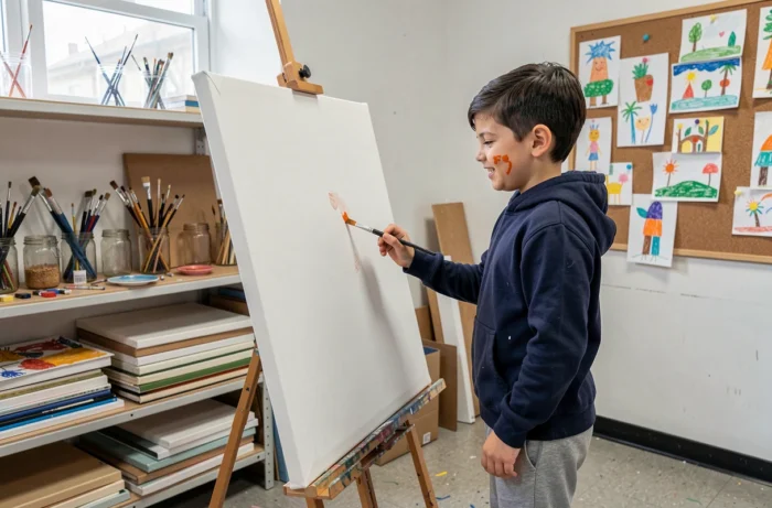 Garçon de 9 ans peignant avec enthousiasme dans un atelier créatif, symbolisant le développement artistique et l'épanouissement de l'enfant
