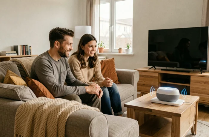 Couple dans un salon écoutant de l'audio diffusé depuis le Player Pop vers une enceinte Google Home, les deux appareils visibles dans la pièce