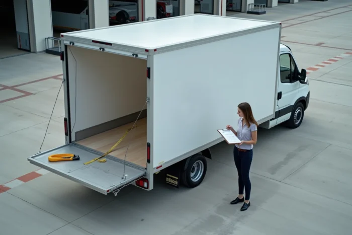 Femme mesurant les dimensions d'un camion 10 m3 dans un dépôt de location avec mètre ruban et plan de chargement