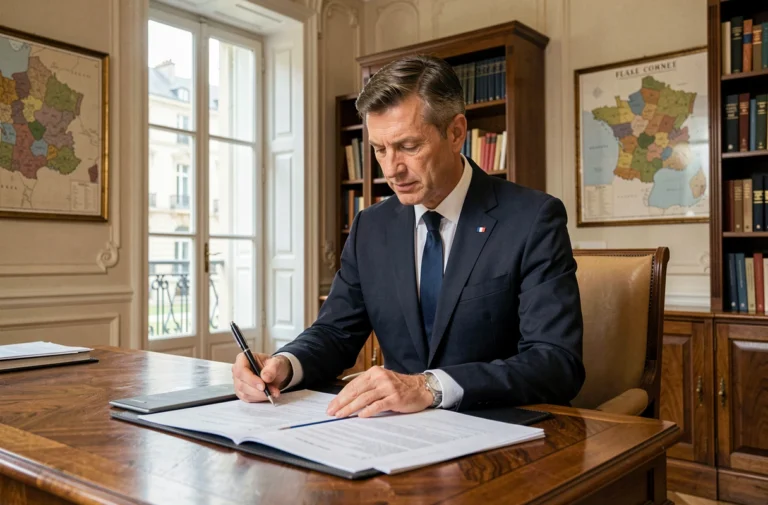 Diplomate français consultant des documents financiers dans un bureau d'ambassade à Paris