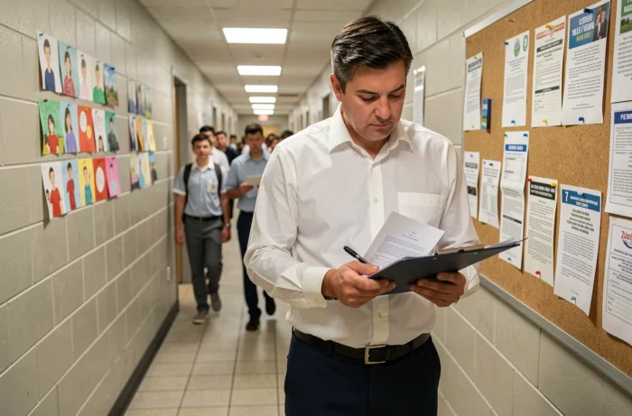 Directeur d'école consultant des documents administratifs dans un couloir d'établissement scolaire français