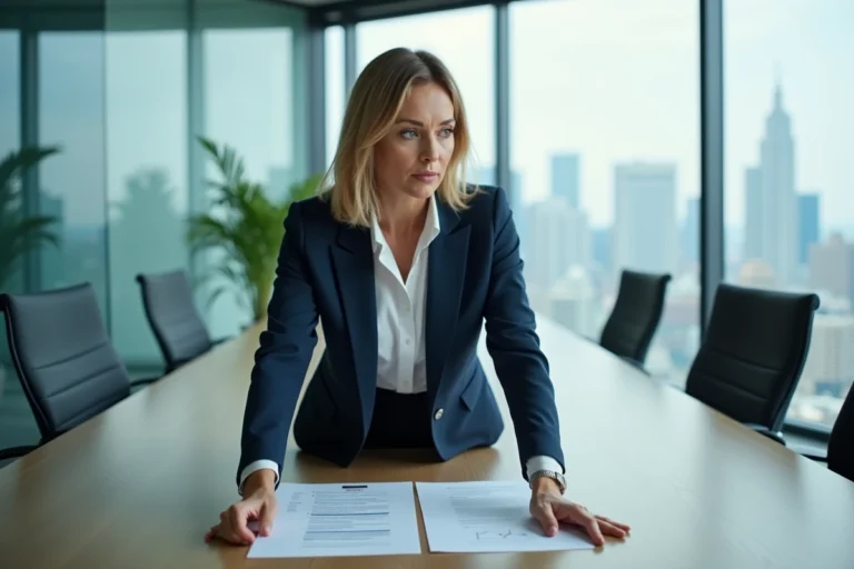 Dirigeante d'entreprise confiante en blazer marine debout en tête d'une salle de réunion moderne avec vue sur la ville