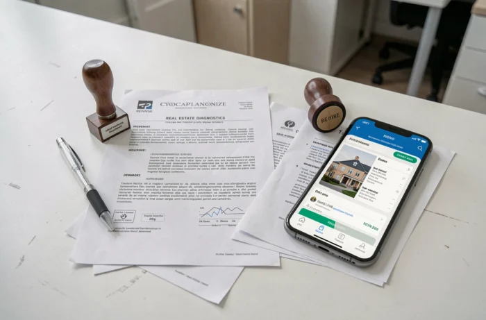 Documents d'assurance et rapports de diagnostic immobilier disposés sur un bureau, illustrant le choix d'une assurance fiable à Rennes