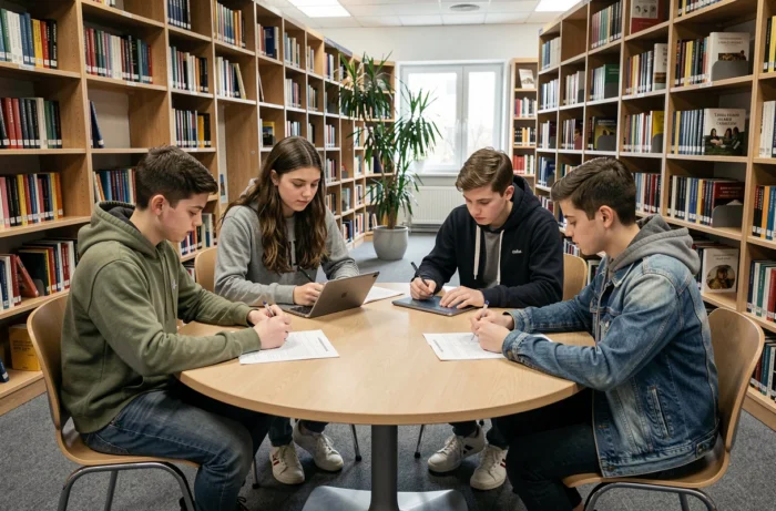 Groupe d'élèves lycéens travaillant en collaboration dans une bibliothèque scolaire moderne en France
