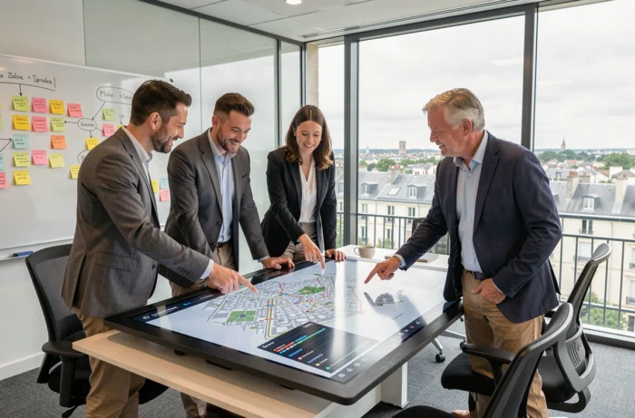Équipe d'élus locaux collaborant autour d'une table tactile interactive lors d'un atelier de planification urbaine numérique
