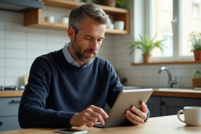 Enseignant configurant un compte de messagerie académique AC Normandie sur iPhone en suivant un guide sur tablette à domicile