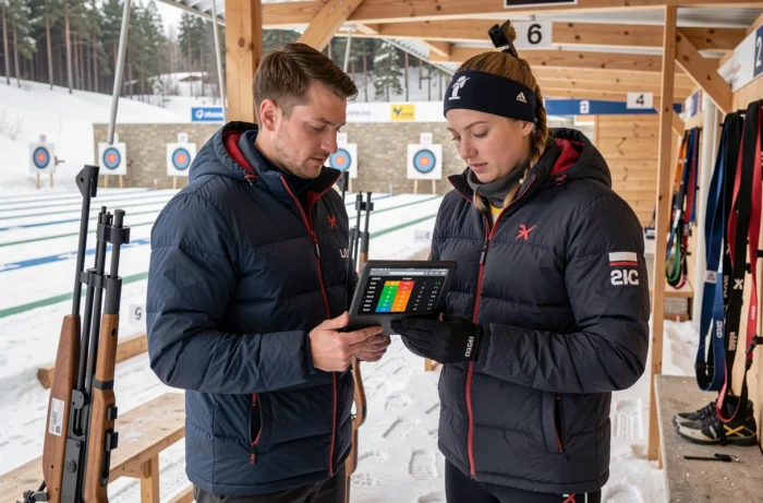Entraîneur et biathlète analysant les résultats de la course sur un stand de tir entre deux manches