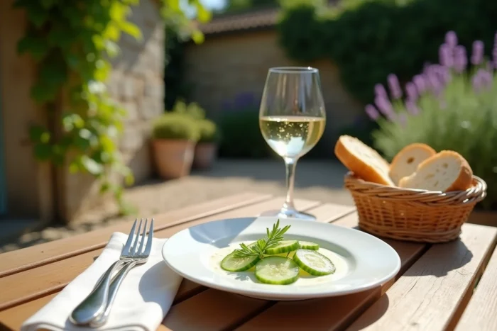 Entrée de concombre à la crème servi sur une terrasse de bistrot français à la campagne avec baguette et vin blanc