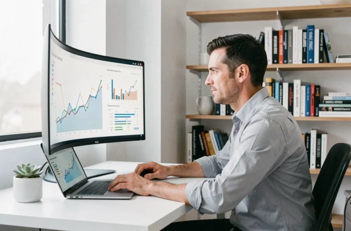 Entrepreneur analysant des graphiques de croissance business sur un grand écran dans un bureau à domicile minimaliste, représentant les stratégies digitales tendances en 2024