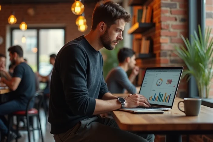 Jeune entrepreneur travaillant sur des solutions digitales innovantes dans un espace de coworking moderne et chaleureux