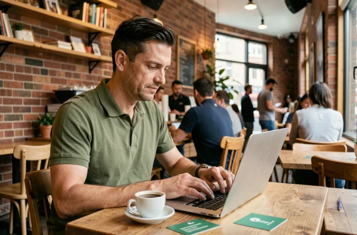 Homme envoyant un message de contact à l'équipe Redracing Green depuis un café avec un ordinateur portable