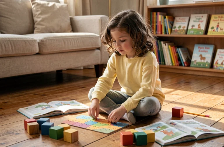 Jeune fille explorant des jouets éducatifs sur un plancher en bois dans un salon chaleureux, illustrant l'épanouissement de l'enfant par le jeu