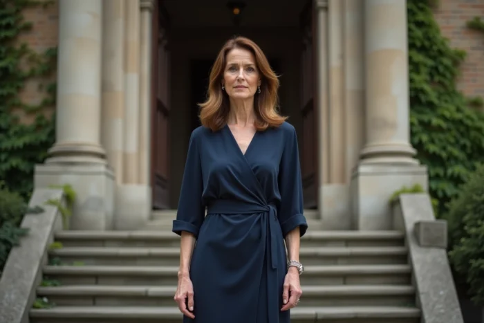 Femme élégante posant devant un bâtiment européen historique, illustrant l'environnement culturel et raffiné associé à l'épouse d'Éric-Emmanuel Schmitt
