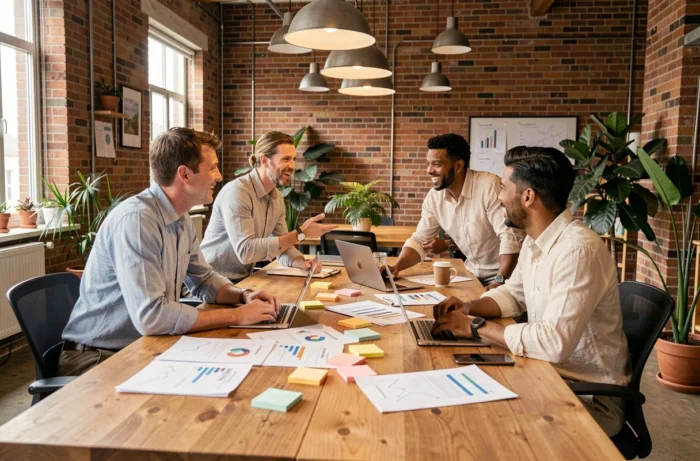 Équipe de professionnels en réunion de brainstorming dans un espace de coworking moderne, symbolisant la collaboration et l'innovation en entreprise en 2024