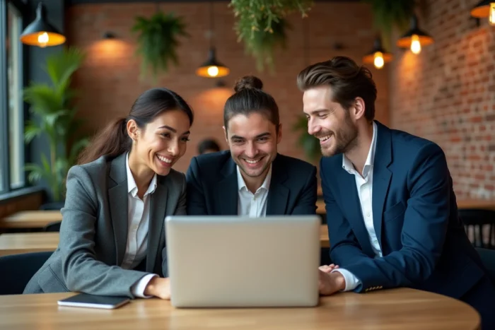 Équipe de dirigeants collaborant autour d'un ordinateur portable dans un espace de coworking moderne avec briques apparentes