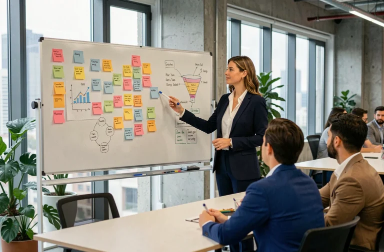 Équipe marketing analysant les dernières tendances digitales sur un tableau blanc dans un bureau moderne