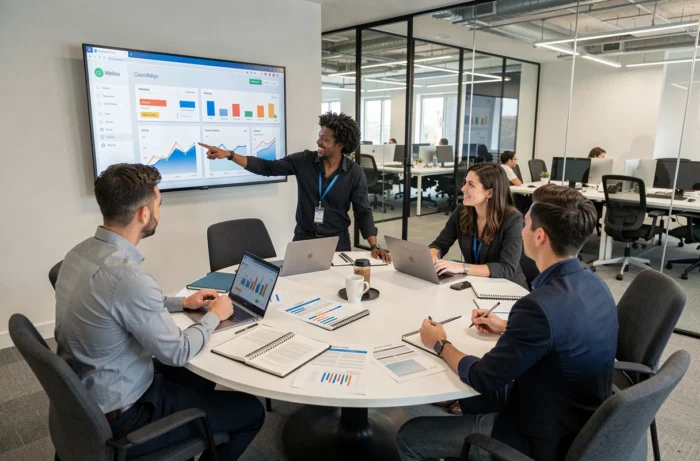 Équipe de professionnels collaborant autour de ressources business dans une salle de réunion moderne
