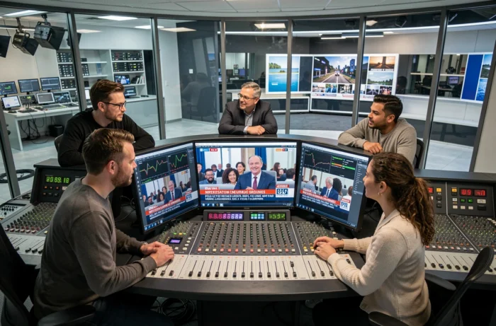 Équipe de journalistes dans une régie de production télévisée suivant l'actualité française en direct