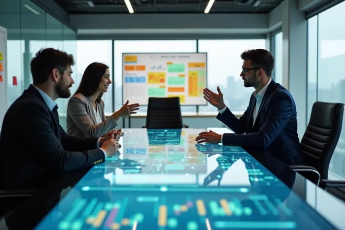 Équipe de professionnels collaborant autour d'une table tactile pour développer une stratégie digitale d'entreprise innovante