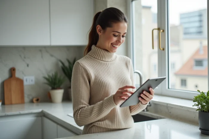 Jeune femme accédant à son compte BNP Paribas en ligne depuis une tablette dans sa cuisine