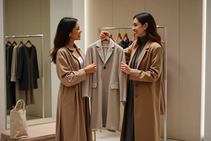 Deux amies comparant des tenues inspirées des personnages de Demain nous appartient dans une cabine d'essayage